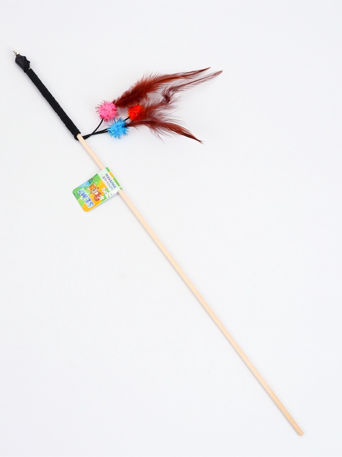 Дразнилка - удочка «Салют из перьев с шариками», на деревянной палочке, с бубенчиком