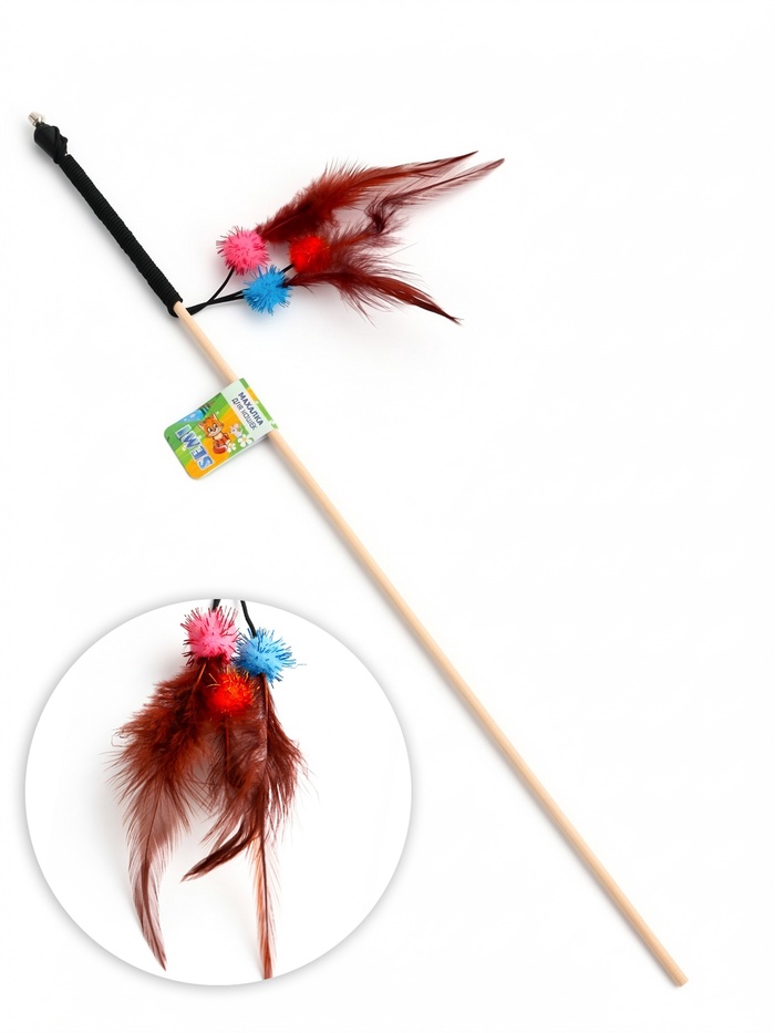 Дразнилка - удочка «Салют из перьев с шариками», на деревянной палочке, с бубенчиком