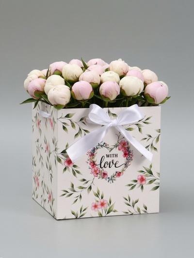 Коробка - переноска подарочная для цветов «С любовью», 19×19×19 см, с лентами