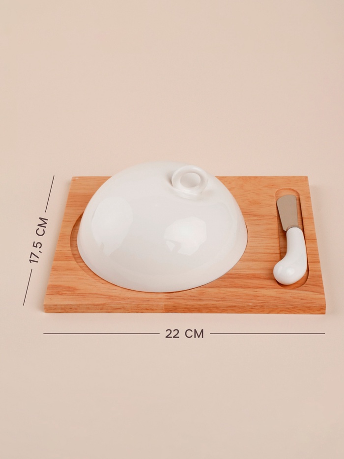 УЦЕНКА Маслёнка фарфоровая на деревянной подставке SL Home «Тренто», 22×17.5×8 см - Фото 1