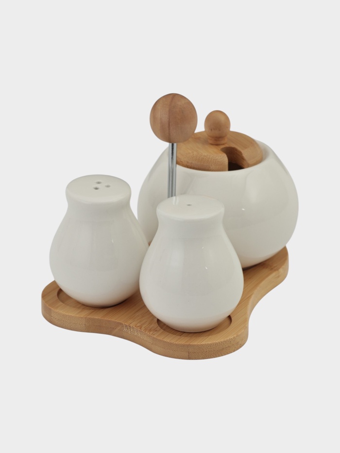 УЦЕНКА Набор для специй на бамбуковой подставке Bella Tenero, 3 предмета: солонка, перечница, сахарница - Фото 1