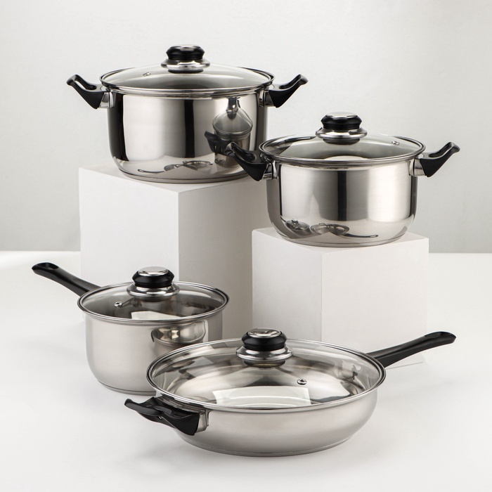 УЦЕНКА Набор 8 предметов «Черная ночь»: ковш 1.5 л, кастрюли 2 л/3 л, сковорода 24 см, 4 крышки - Фото 1