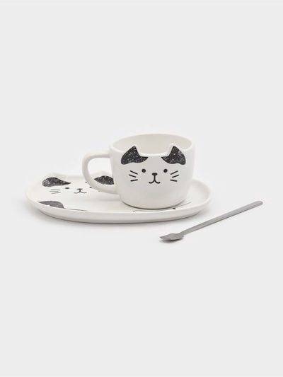 УЦЕНКА Чайная пара «Котик», 3 предмета: чашка 200 мл, блюдце 18.5×13.5 см, ложка, керамика