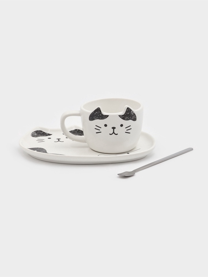 УЦЕНКА Чайная пара «Котик», 3 предмета: чашка 200 мл, блюдце 18.5×13.5 см, ложка, керамика - Фото 1