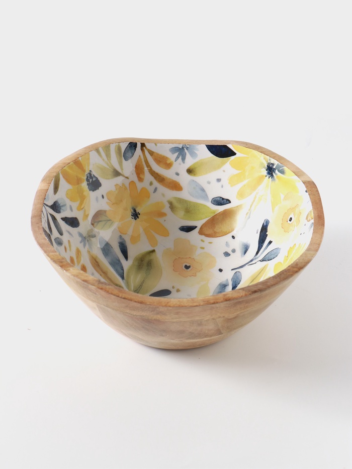 УЦЕНКА Салатник "Желтые и синие цветы" дерево манго 23х23х10,5 см - Фото 1