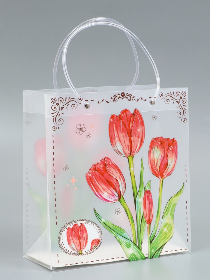 Пакет подарочный прозрачный «Тюльпаны», 22×10×24 см - Фото 1