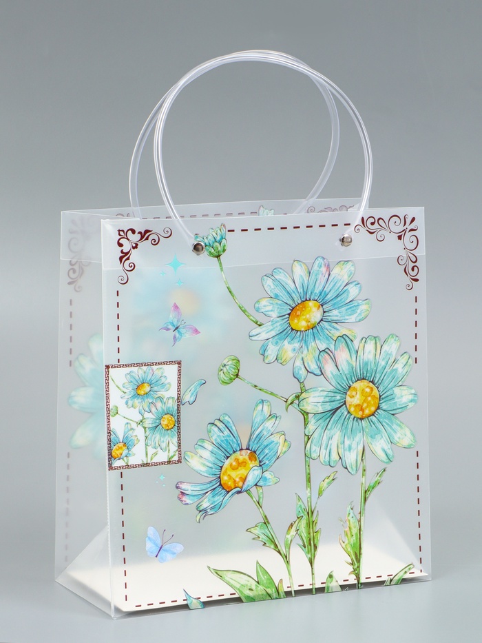 Пакет подарочный прозрачный «Ромашки-васильки», 22×10×24 см - Фото 1