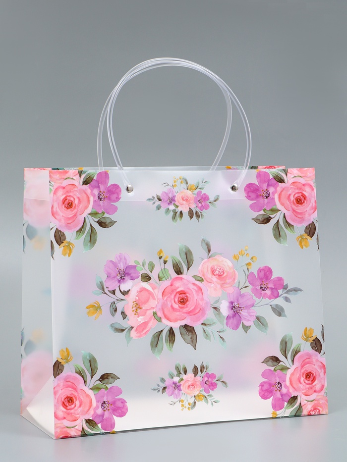 Пакет подарочный прозрачный «Цветы», 30×26×12 см - Фото 1