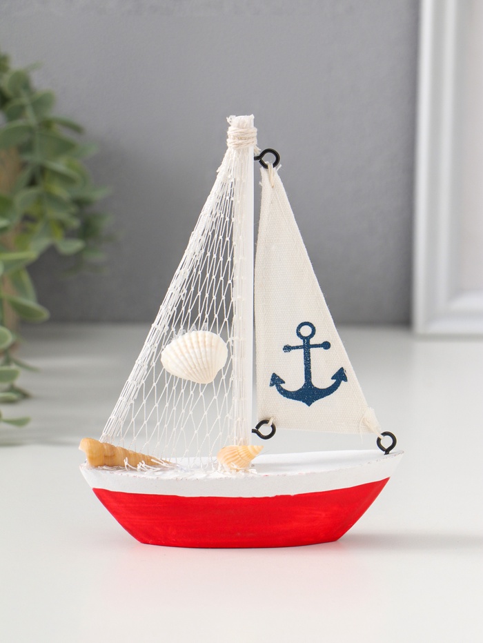 Сувенирная модель корабля «Парусная лодка с якорем на парусе», дерево, бело-красный, 11×2.5×14 см - Фото 1