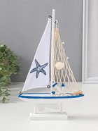 Сувенирная модель корабля дерево «Парусник с морской звездой на парусе», бело-синий, 16.5×4.5×27.5 см  (артикул 10962665)  большой выбор товаров оптом и в розницу по низким ценам с доставкой