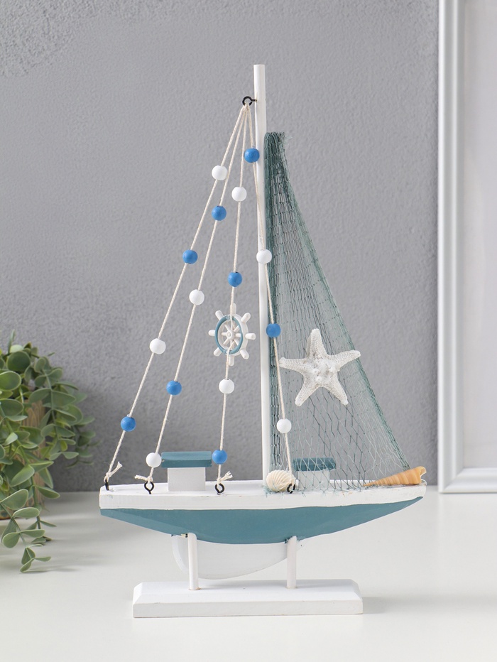 Сувенирная модель корабля дерево «Парусник с якорем и морской звездой», бело-голубой, 21.5×4.5×36 см