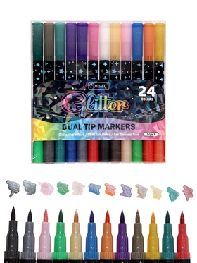 Фломастеры 12 штук, 24 цвета, с блёстками, двусторонние, в пластиковой коробке