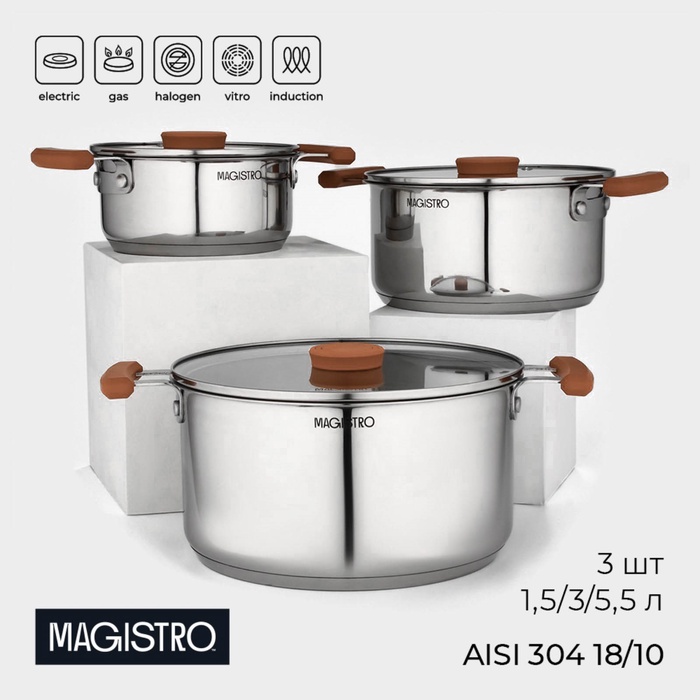 УЦЕНКА Набор кастрюль Magistro, 3 шт.: d=16/20/24 см, толщина 0.6 мм, штабелируемые, индукция - Фото 1