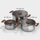 УЦЕНКА Набор кастрюль Magistro, 3 шт.: d=16/20/24 см, толщина 0.6 мм, штабелируемые, индукция - Фото 3