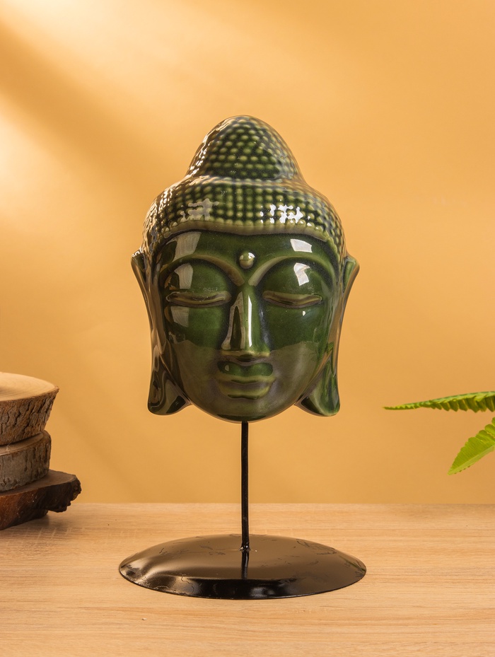 УЦЕНКА Маска «Будда» на подставке, керамика, цв. зелёный, 14×14×26 см - Фото 1