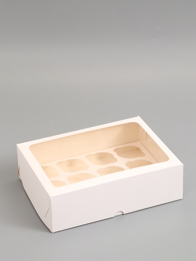 Коробка под 12 капкейков с окном, белая 32.5×25.5×10 см, 5 шт.