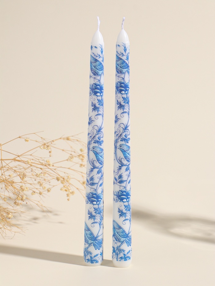 Набор свечей античных, 2.2×25 см, 2 шт. «Птица и цветы», сине-белые, 8×28×2.3 см - Фото 1