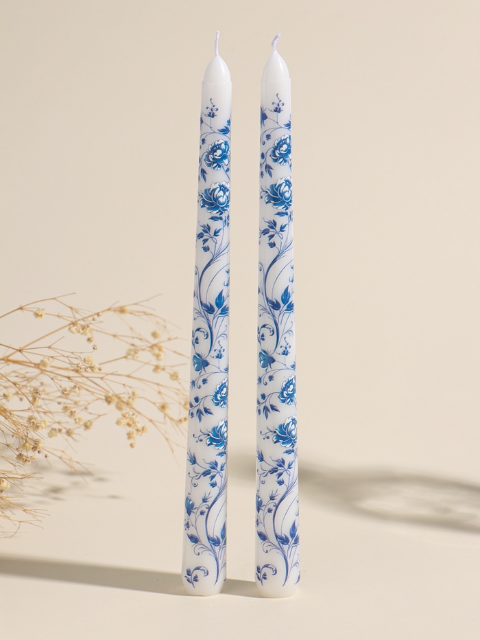 Набор свечей античных, 2.2×25 см, 2 шт. «Пионы», сине-белые, 8×28×2.3 см - Фото 1