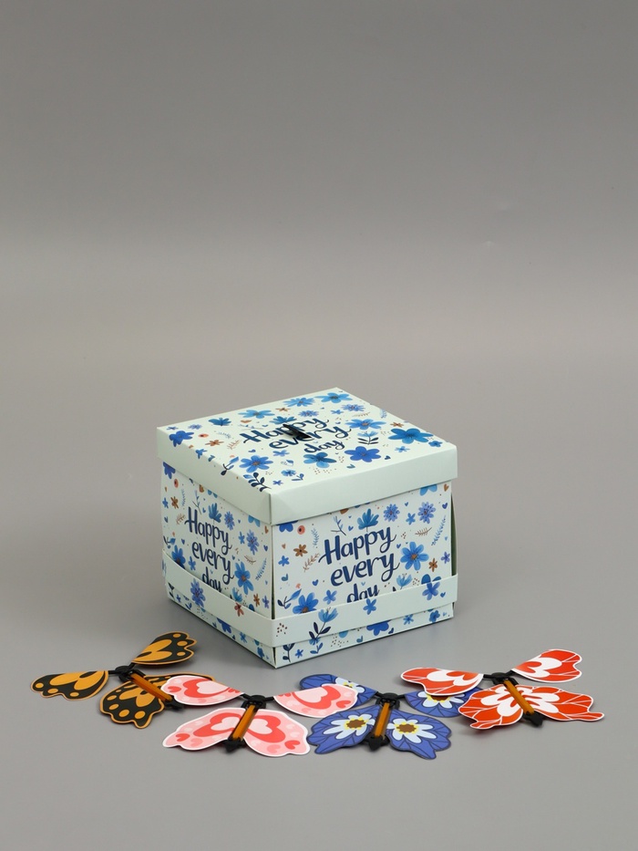 Коробка-сюрприз подарочная «Бабочки. Счастья» с вылетающими бабочками, голубая, 14.5×14.5×12.7 см - Фото 1