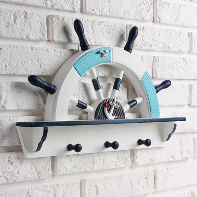 УЦЕНКА Вешалка-штурвал на 3 крючка, бело-голубой-бирюзовый, 45×28×5 см
