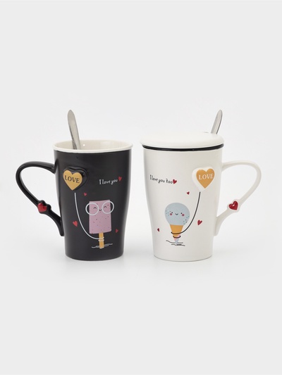 УЦЕНКА Набор кружек «Узы любви», набор 2 шт., 400 мл, 12.5×8.5×12 см, крышки, ложки, белый, чёрный