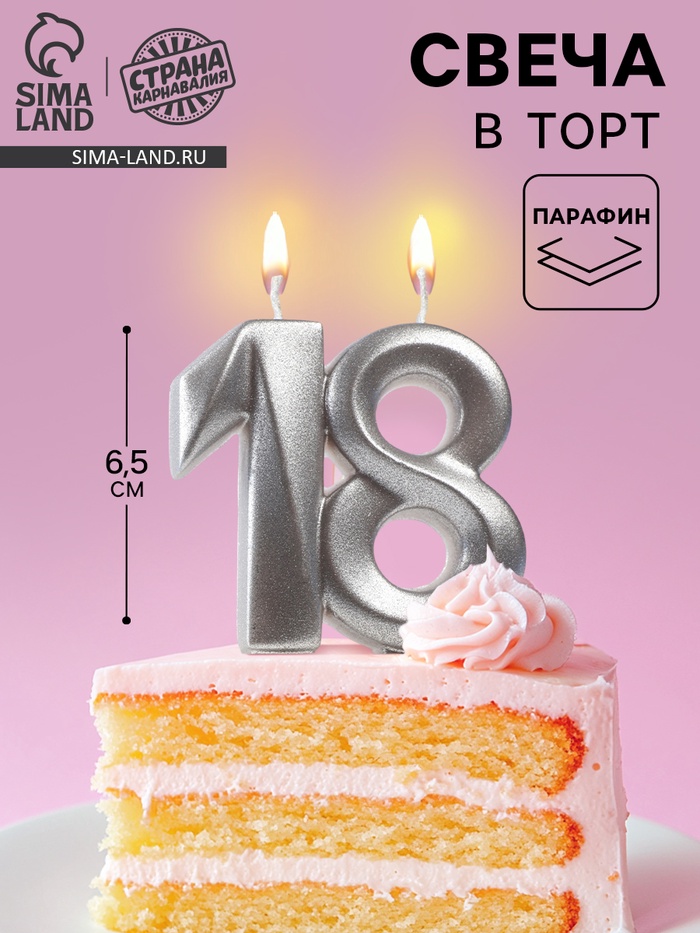 УЦЕНКА Свеча в торт «Грань», цифра 18, серебро - Фото 1