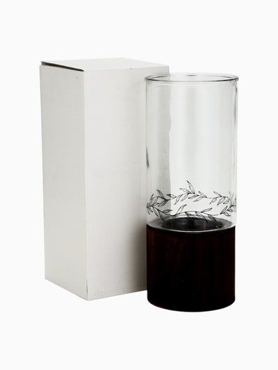 УЦЕНКА Стеклянная ваза с деревянной подставкой, 10×25.5×10 см