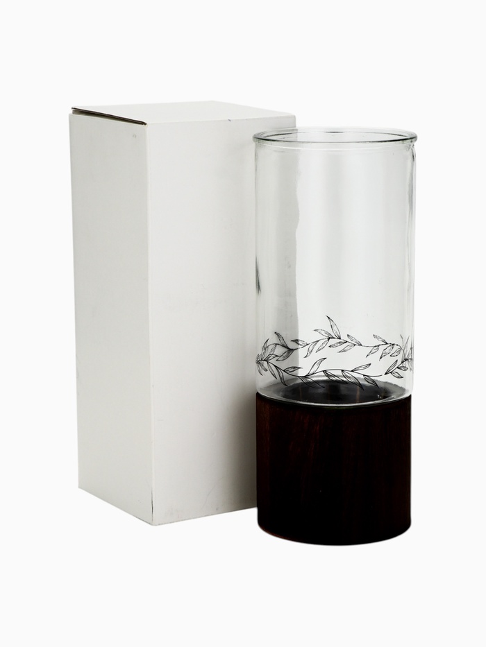 УЦЕНКА Стеклянная ваза с деревянной подставкой, 10×25.5×10 см - Фото 1