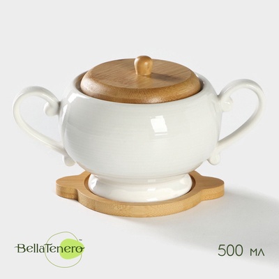 УЦЕНКА Сахарница BellaTenero, 500 мл, 18.5×12×10.5 см, на бамбуковой подставке, фарфор, белая