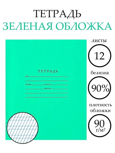 Тетрадь 12 листов в частую косую линейку «Зелёная обложка», плотность 65 г/м²