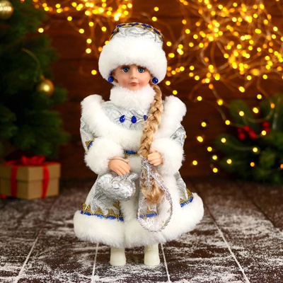 УЦЕНКА Снегурочка «В пышной шубке» с синими украшениями, 14×30 см