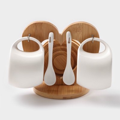 УЦЕНКА Набор чайный на деревянной подставке «Эстет», 6 предметов: 2 чашки 200 мл, 2 подставки 9.5 см, 2 ложки, керамика, белый