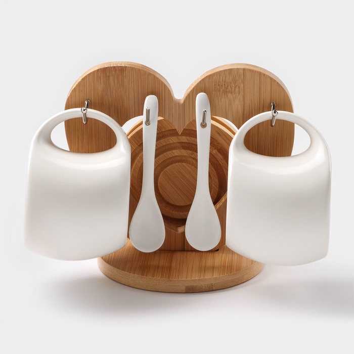 УЦЕНКА Набор чайный на деревянной подставке «Эстет», 6 предметов: 2 чашки 200 мл, 2 подставки 9.5 см, 2 ложки, керамика, белый - Фото 1