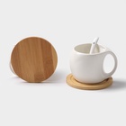 УЦЕНКА Набор чайный на деревянной подставке «Эстет», 6 предметов: 2 чашки 200 мл, 2 подставки 9.5 см, 2 ложки, керамика, белый - Фото 4