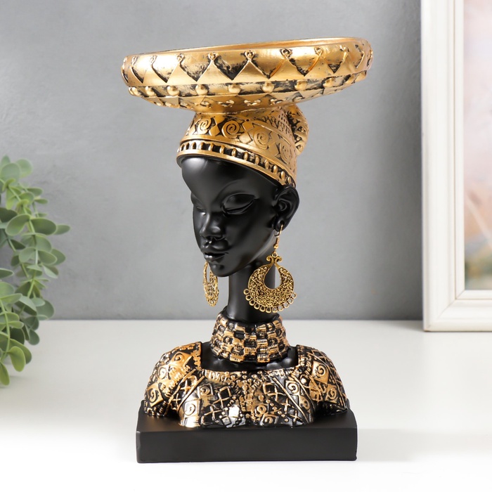УЦЕНКА Фигурка - подставка для мелочей «Бюст. Африканка в золотом уборе, с серьгами в ушах», полистоун, 25×15×15 см - Фото 1