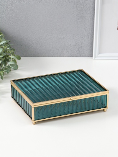 Шкатулка для украшений «Линии», стекло с металлическим каркасом, голубая, 17×21.5×6.5 см