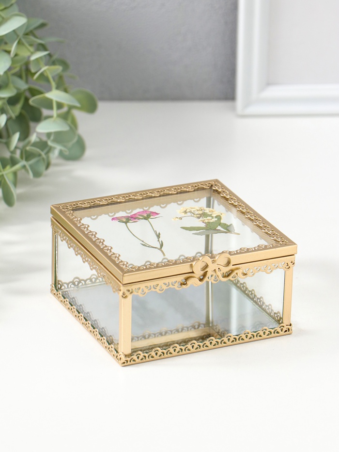 Шкатулка для украшений «Сухоцветы», квадрат, стекло с металлическим каркасом, зеркальное дно, 10×10.5×5.2 см - Фото 1