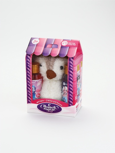 УЦЕНКА Подарочный набор новогодний детский «С Новым Годом», пена для ванны 2×100 мл и мягкая игрушка совёнок, Чистое счастье