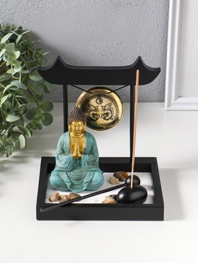 Японский сад камней настольный «Дзен. Будда в бирюзовом у гонга», с подставкой для благовоний и набором аксессуаров, 13.2×15×16 см  (артикул 10961672)  большой выбор товаров оптом и в розницу по низким ценам с доставкой