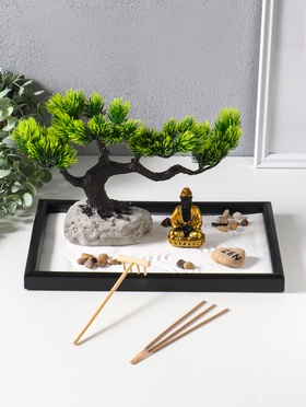 Японский сад камней настольный «Дзен. Будда у раскидистого дерева», с подставкой для благовоний и набором аксессуаров, 29.7×19.8×18 см  (артикул 10961677)  большой выбор товаров оптом и в розницу по низким ценам с доставкой