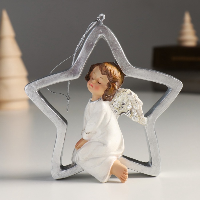 УЦЕНКА Сувенир полистоун подвеска "Ангелочек на звёздочке" серебристые крылья 4,5х11х11 см 1100835 - Фото 1