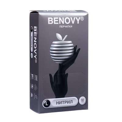 Перчатки Benovy, нитриловые, медицинские, 3.5 г, размер L, 50 пар, чёрные