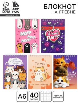 Блокнот А6, 40 л., на гребне «Котики» МИКС
