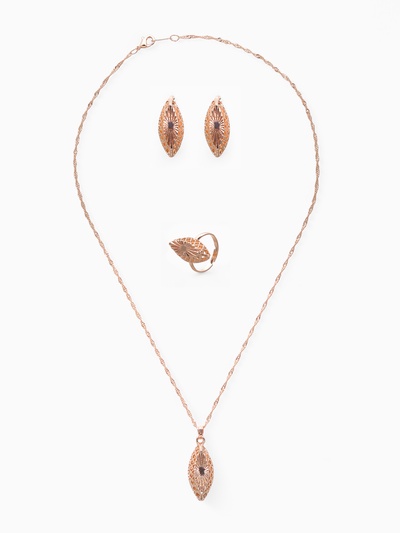 Гарнитур 3 предмета: серьги, кулон, кольцо безразмерное «Эдель» эллипс резной, цвет золото, 45 см