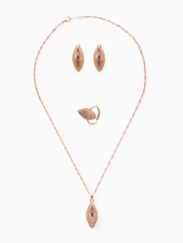 Гарнитур 3 предмета: серьги, кулон, кольцо безразмерное «Эдель» эллипс резной, цвет золото, 45 см - Фото 1