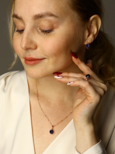 Гарнитур 3 предмета: серьги, кулон, кольцо безразмерное «Эдель» бусинка, цвет синий в золоте, 45 см