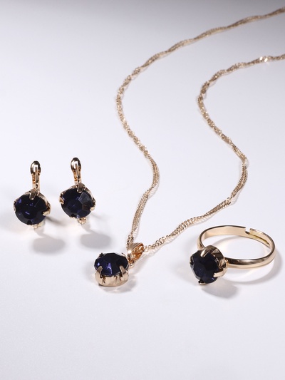 Гарнитур 3 предмета: серьги, кулон, кольцо безразмерное «Эдель» бусинка, цвет синий в золоте, 45 см