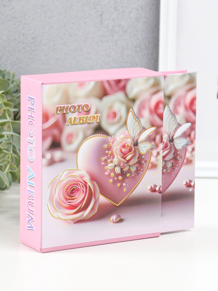 Фотоальбом на 40 фото 10×15 см «Сердце и розовая роза с бабочкой», в коробке, 4.5×14×17 см - Фото 1