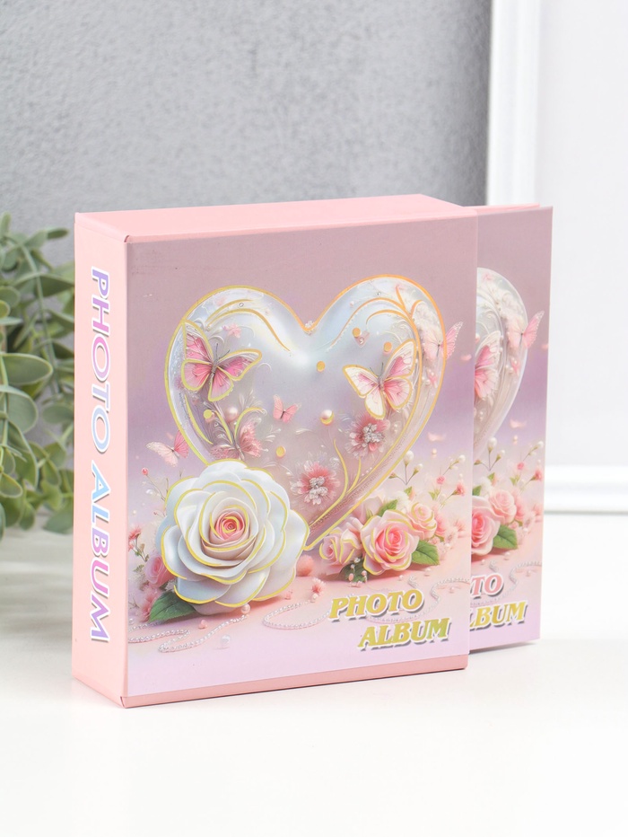 Фотоальбом на 40 фото 10×15 см «Сердце и белая роза с бабочками», в коробке, 4.5×14×17 см - Фото 1