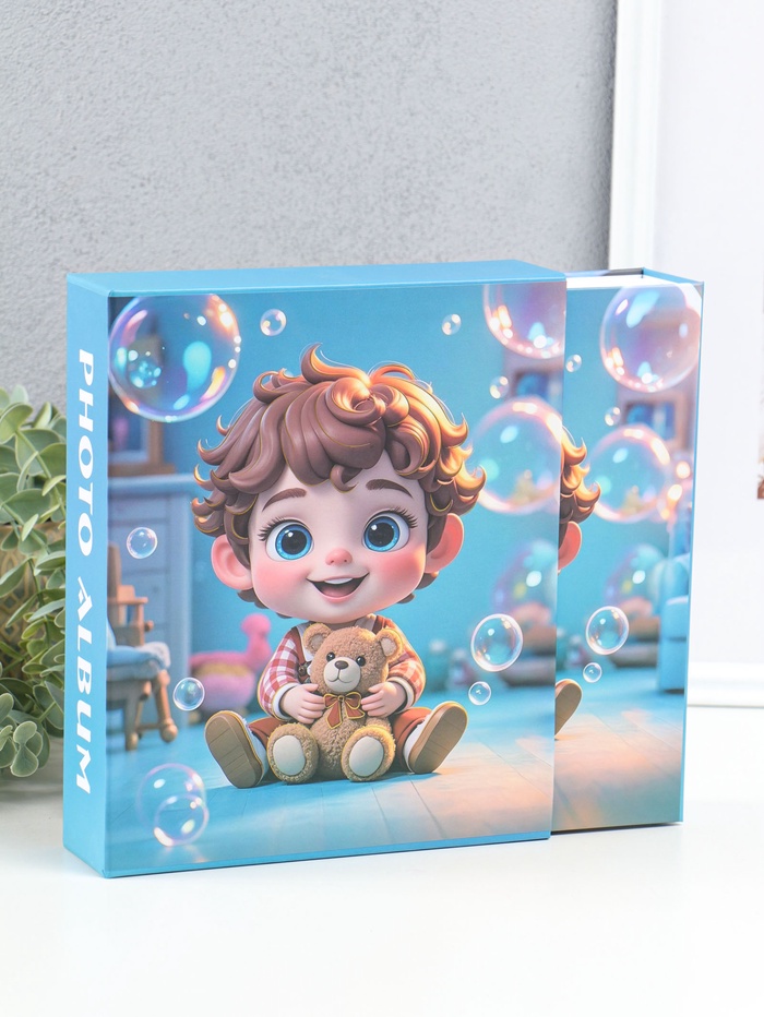 Фотоальбом на 80 фото 10×15 см «Мальчик в клетчатой рубашке с мишкой», в коробке, 5×19×22.8 см - Фото 1